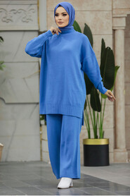 Neva Style - İndigo Blue Women Knitwear Dual Dress 34341IM - Thumbnail