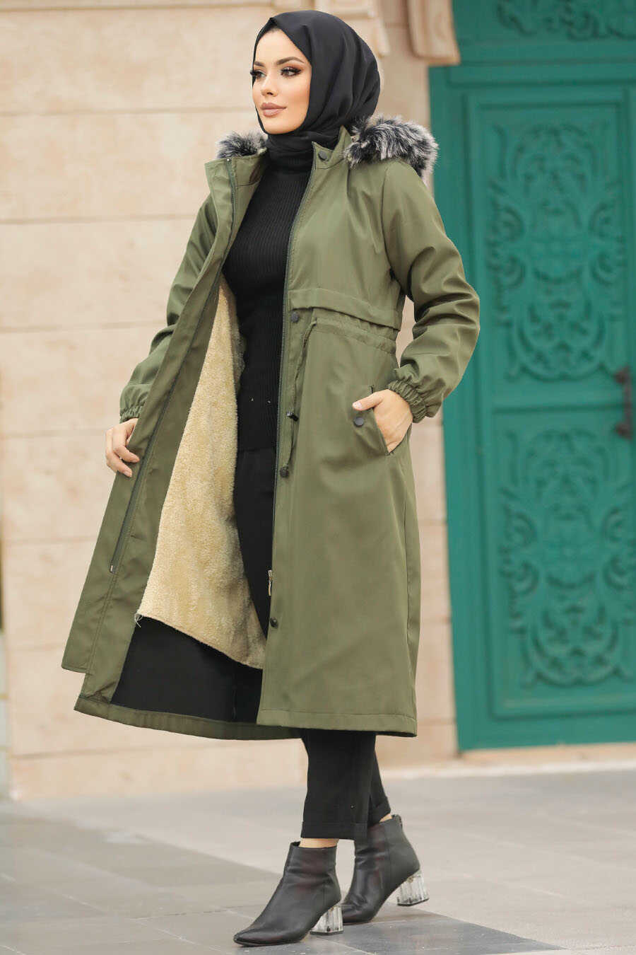 Neva Style - Khaki Hijab Parka Coat 60651HK