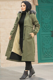 Neva Style - Khaki Hijab Parka Coat 60651HK - Thumbnail