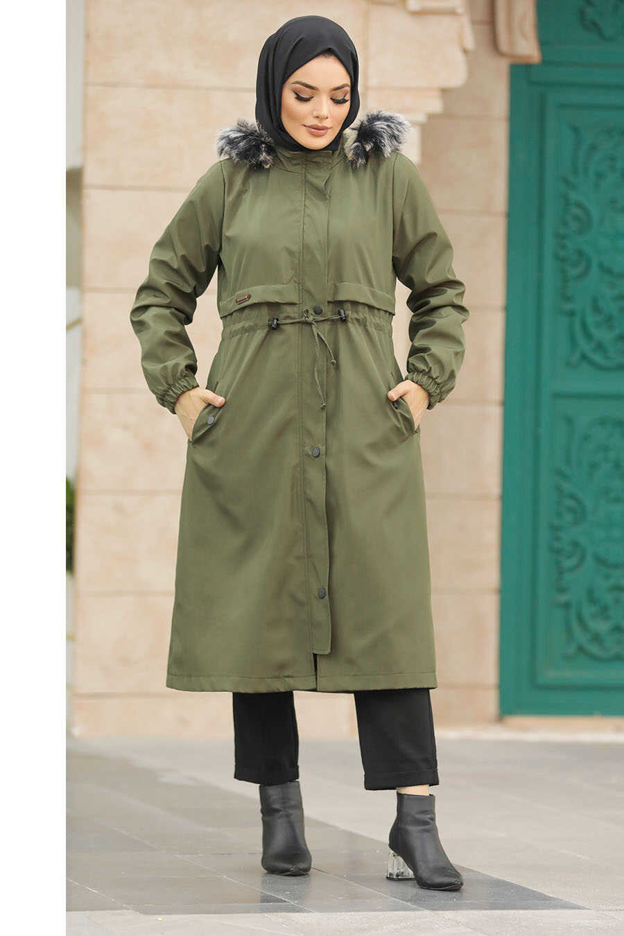 Neva Style - Khaki Hijab Parka Coat 60651HK