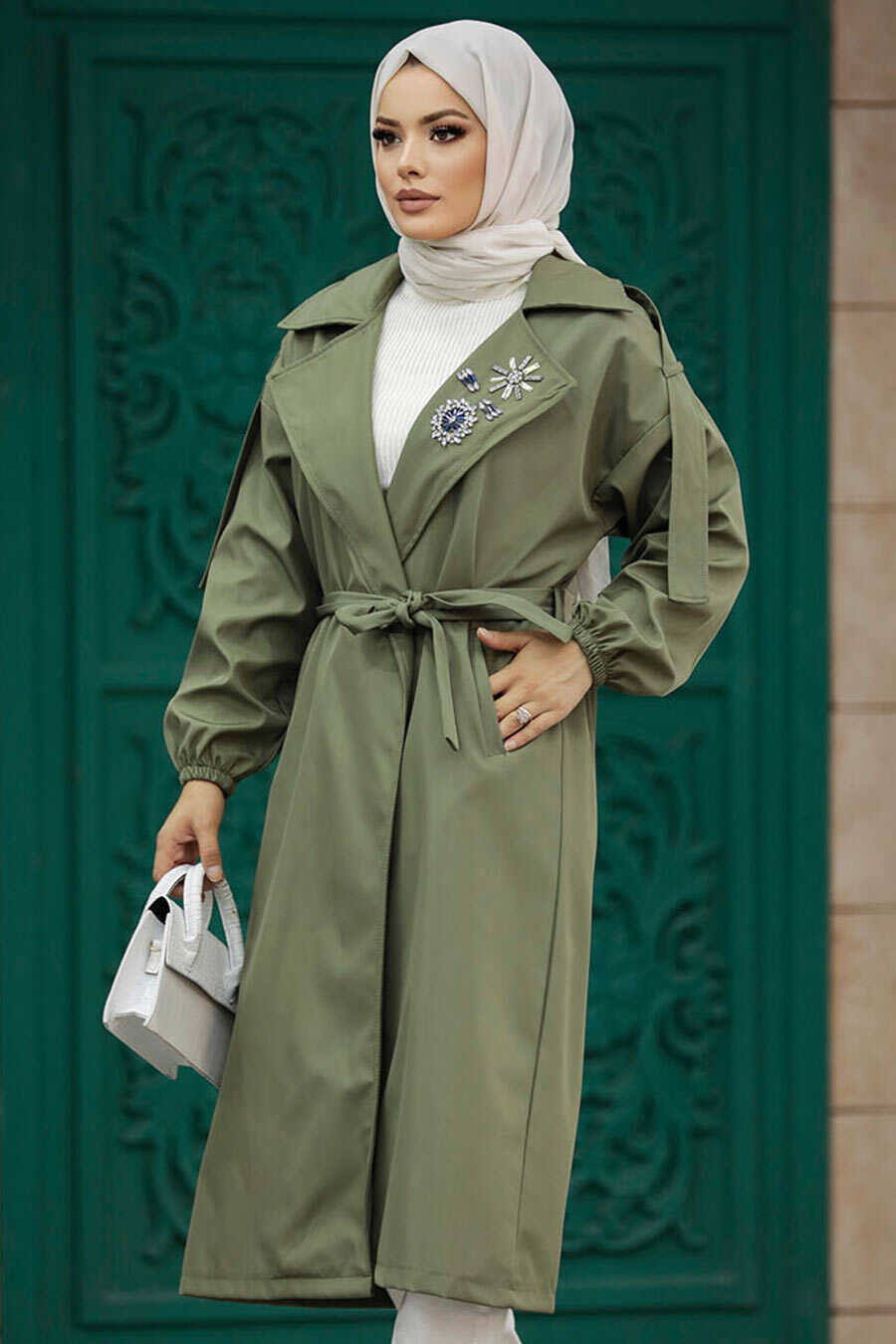 Neva Style - Khaki Hijab Trench Coat 639HK