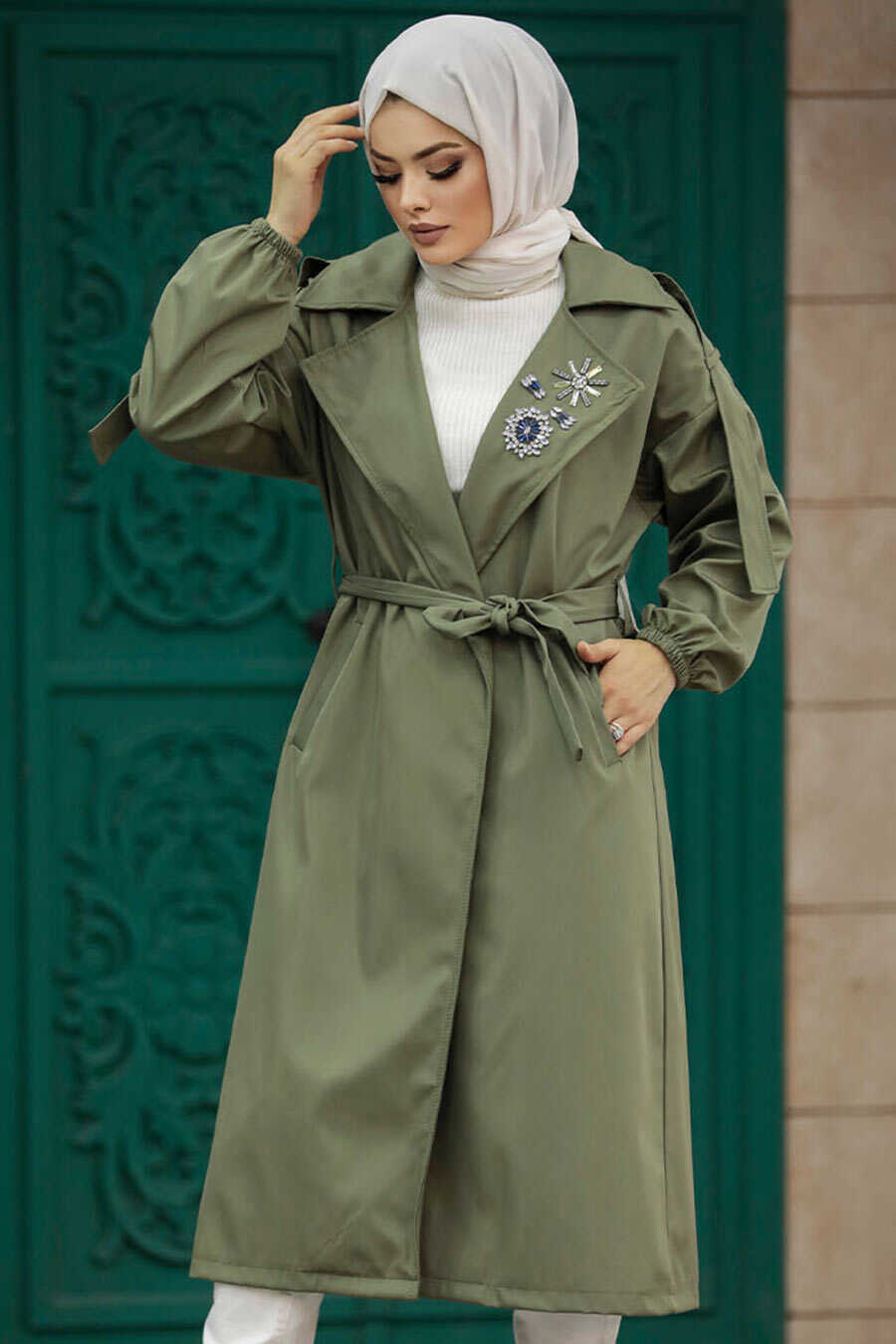 Neva Style - Khaki Hijab Trench Coat 639HK