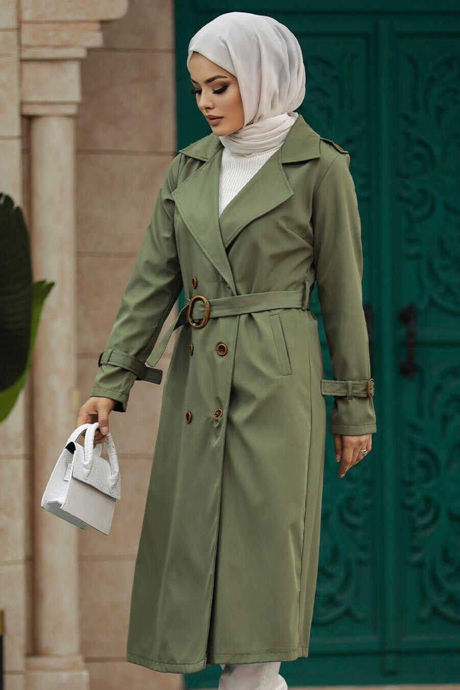 Neva Style - Khaki Hijab Turkish Trench Coat 5942HK