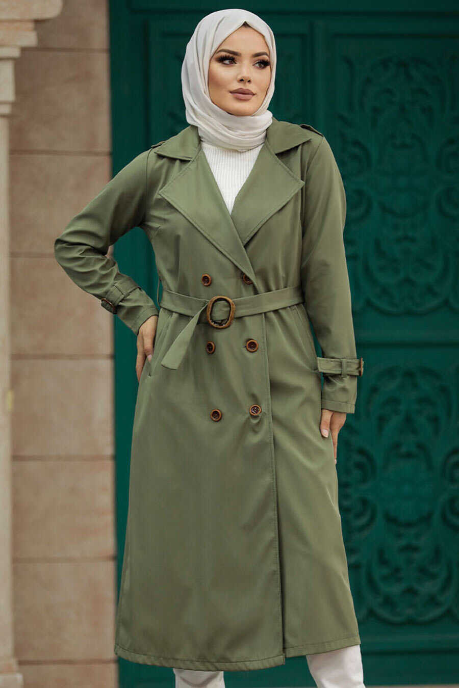 Neva Style - Khaki Hijab Turkish Trench Coat 5942HK