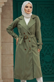 Neva Style - Khaki Hijab Turkish Trench Coat 5942HK - Thumbnail