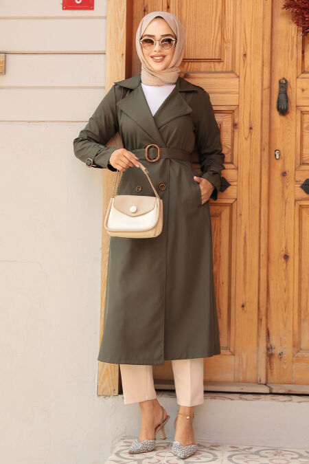  Khaki Hijab Turkish Trench Coat 5942HK - NEVA STYLE