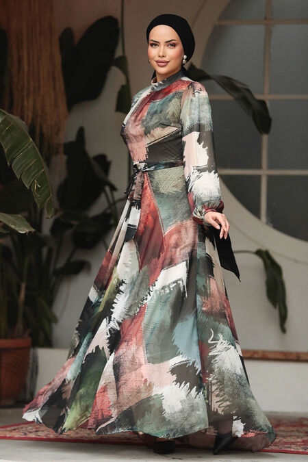  Khaki Long Muslim Dress 33092HK - NEVA STYLE