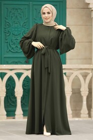  Khaki Long Sleeve Turkısh Abaya 35161HK - 2