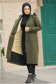 Neva Style - Khaki Plus Size Parka Coat 60652HK - Thumbnail