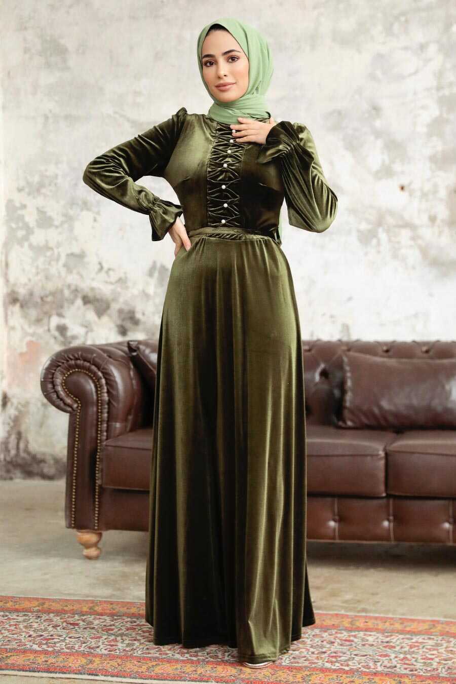 Neva Style - Khaki Velvet Hijab Maxi Dress 37091HK