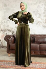 Neva Style - Khaki Velvet Hijab Maxi Dress 37091HK - Thumbnail
