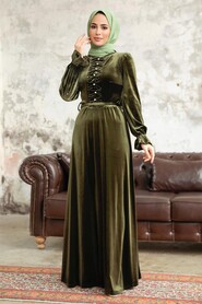Neva Style - Khaki Velvet Hijab Maxi Dress 37091HK - Thumbnail