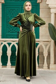  Khaki Velvet Long Dress 3845HK - 2