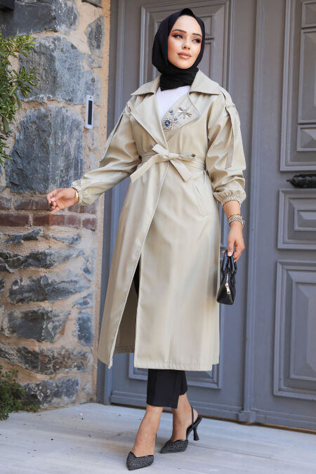  Light Khaki Hijab Trench Coat 639AHK - NEVA STYLE