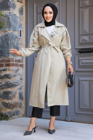  Light Khaki Hijab Trench Coat 639AHK - 2