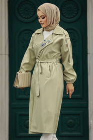 Neva Style - Light Khaki Hijab Trench Coat 639AHK - Thumbnail