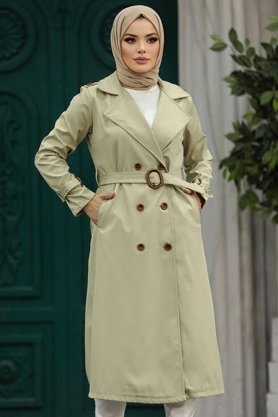 Neva Style - Light Khaki Hijab Turkish Trench Coat 5942AHK