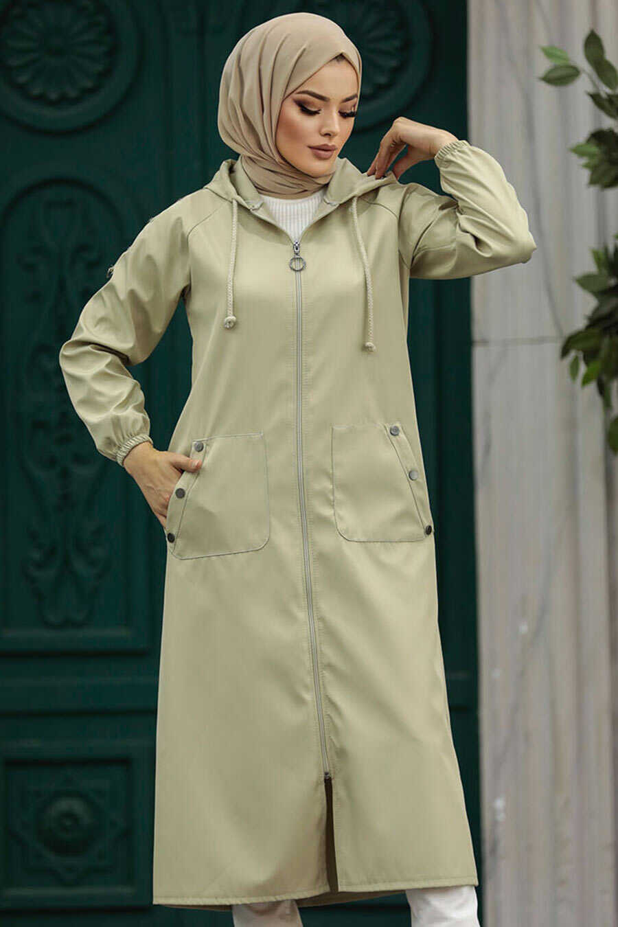 Neva Style - Light Khaki Islamic Clothing Trench Coat 5511AHK