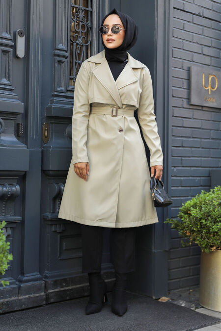  Light Khaki Islamic Clothing Trench Coat 59371AHK - NEVA STYLE