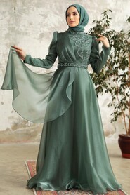  Long Almond Green Hijab Engagement Dress 3824CY - 1
