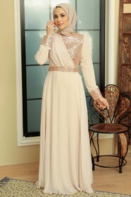  Long Beige Muslim Bridal Dress 57930BEJ - 3