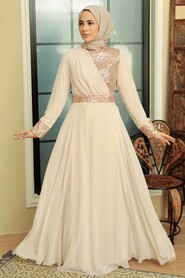  Long Beige Muslim Bridal Dress 57930BEJ - 1