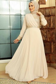  Long Beige Muslim Bridal Dress 57930BEJ - 5