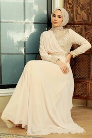  Long Beige Muslim Bridal Dress 57930BEJ - 4