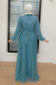 Long Blue Islamic Wedding Gown 22041M - 3