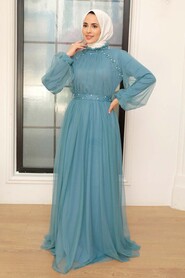 Long Blue Islamic Wedding Gown 22041M - 1