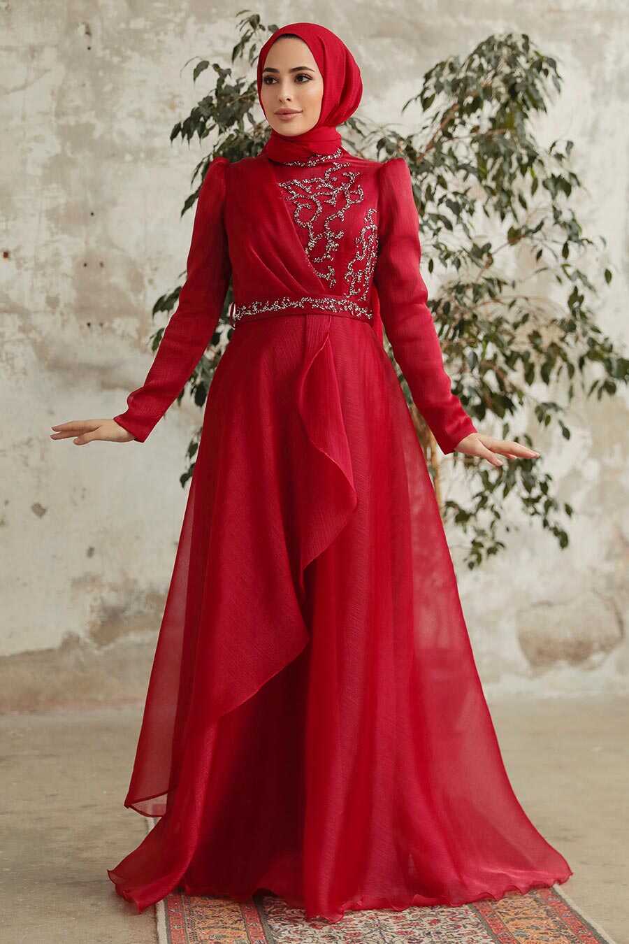 Neva Style - Long Claret Red Hijab Engagement Dress 3824BR