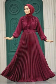 Neva Style - Long Claret Red Islamic Clothing Dress 41204BR - Thumbnail