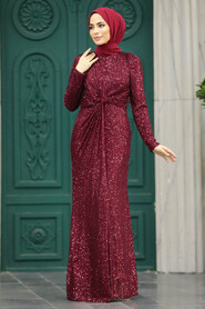  Long Claret Red Islamic Engagement Dress 40831BR - 2