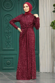  Long Claret Red Islamic Engagement Dress 40831BR - 1