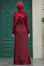  Long Claret Red Islamic Engagement Dress 40831BR - 3