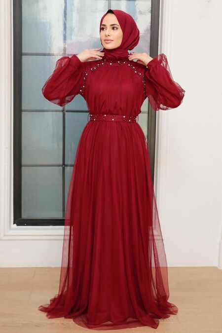  Long Claret Red Islamic Wedding Gown 22041BR - NEVA STYLE