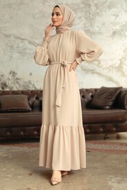 Neva Style - Long Crem Hijab Dress 5972KR - Thumbnail