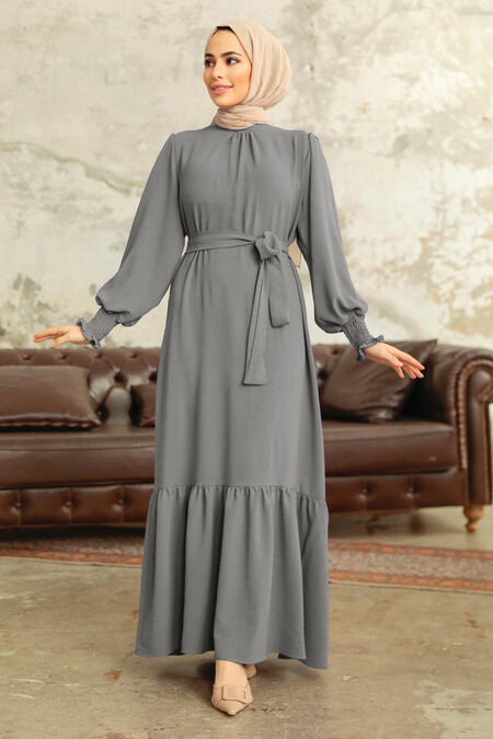  Long Dark Grey Hijab Dress 5972KGR - NEVA STYLE
