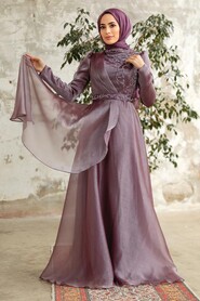 Neva Style - Long Dark Lila Hijab Engagement Dress 3824KLILA - Thumbnail