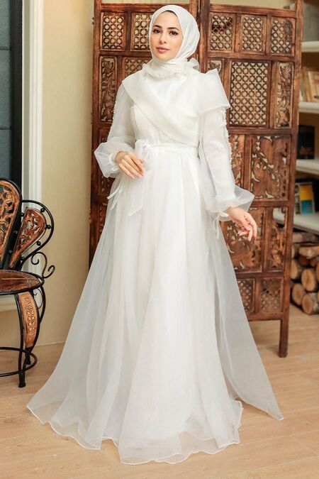  Long Ecru Hijab Evening Dress 22331E - NEVA STYLE