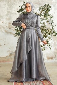  Long Grey Hijab Engagement Dress 3824GR - 2