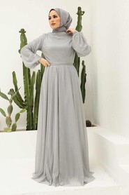  Long Grey Modest Wedding Dress 55410GR - 1