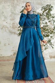  Long Indigo Blue Hijab Engagement Dress 3824IM - 2