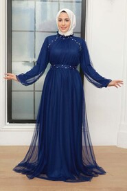  Long İndigo Blue Islamic Wedding Gown 22041IM - 1