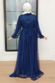  Long İndigo Blue Islamic Wedding Gown 22041IM - 3