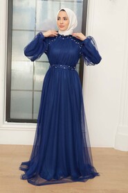  Long İndigo Blue Islamic Wedding Gown 22041IM - 2