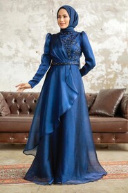  Long Navy Blue Hijab Engagement Dress 3824L - 3