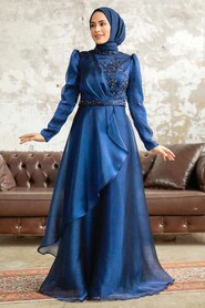  Long Navy Blue Hijab Engagement Dress 3824L - 2