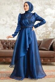  Long Navy Blue Hijab Engagement Dress 3824L - 4
