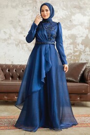  Long Navy Blue Hijab Engagement Dress 3824L - 1